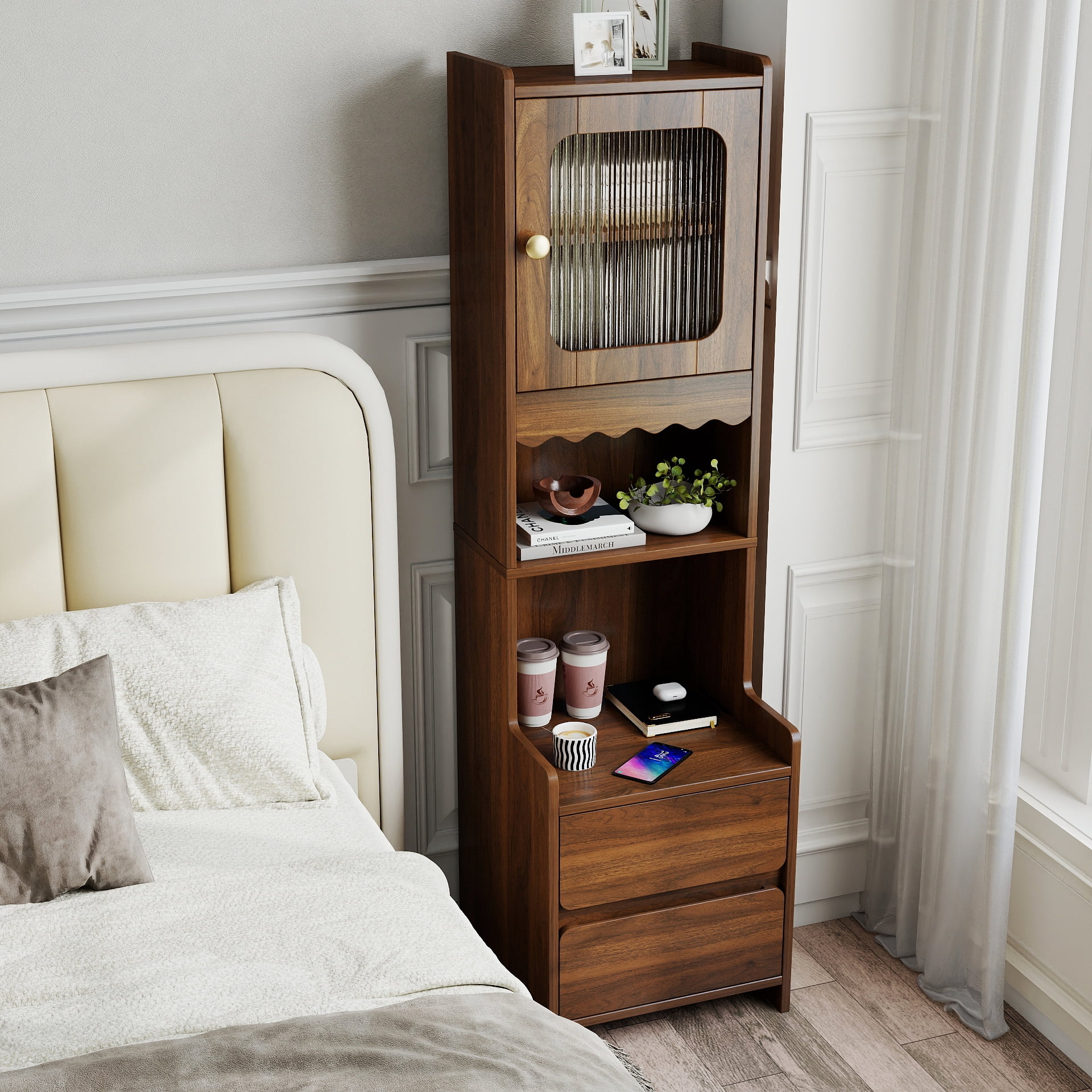 Tall Nightstand with Glass Door, Mid-Century Modern Bedside Table with Open Shelves and 2 Drawers, Walnut Wood Night Stand & Bookshelf for Bedroom, Living Room