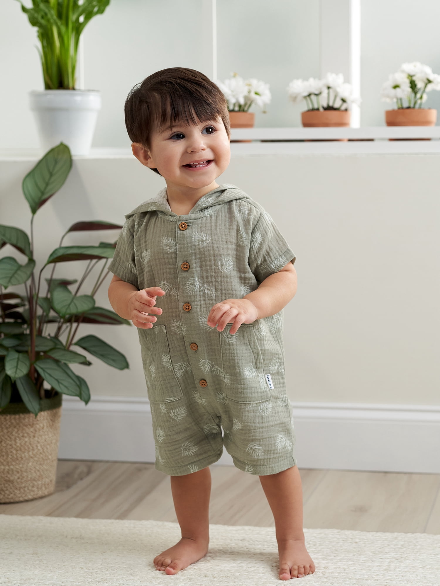 Gerber Baby Boy Short Sleeve Hooded Romper, Sizes Newborn - 24 Months