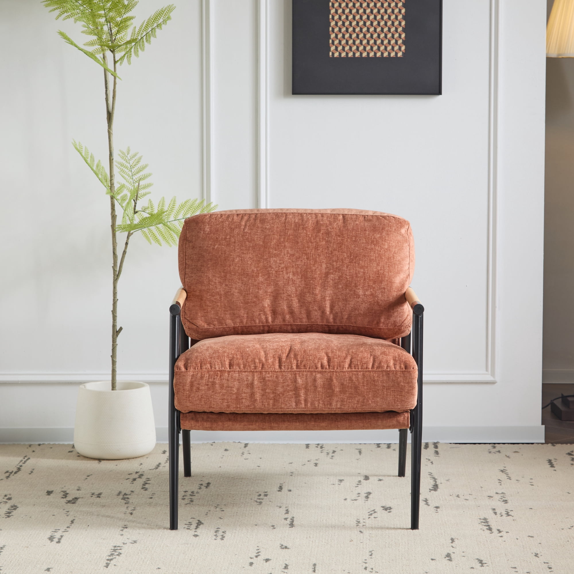 Leumius Modern Accent Chair with Plush Cushions, Minimalist Metal Frame and Wooden Armrest Design for Living Room Bedroom Office Orange