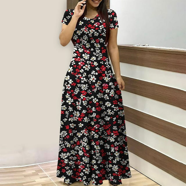 Daiosportswear Robe Fleurie pour Femmes Été Décontractée Maxi Longue Robe à Manches Courtes Col Ras du Cou, Robe à Manches Courtes pour Femmes Noir-A TG(TG)