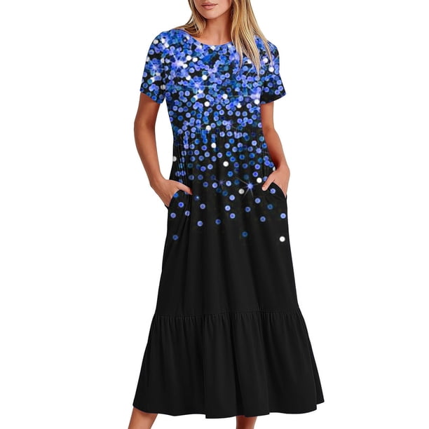 Vestido de Manga Corta para Mujeres Vestido de Verano de Cuello Redondo Impreso, Poliéster de Tamaño Verdadero Diario Y Vestido de Fiesta
