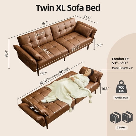 85 Inch Futon Sofa Bed with Storage and Adjustable Armrests, Brown Faux Leather Loveseat for Living Room