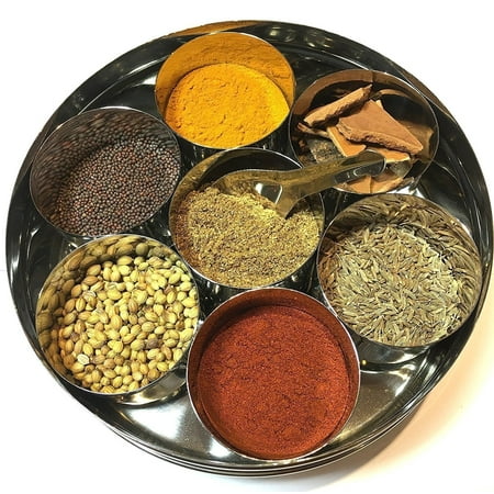 Stainless Steel Round Spices Box Kitchen Masala Dabba - Spice Container - Masala Dabba - 7 Compartments with 2 Spoon, Airtight Silver Color 7.3