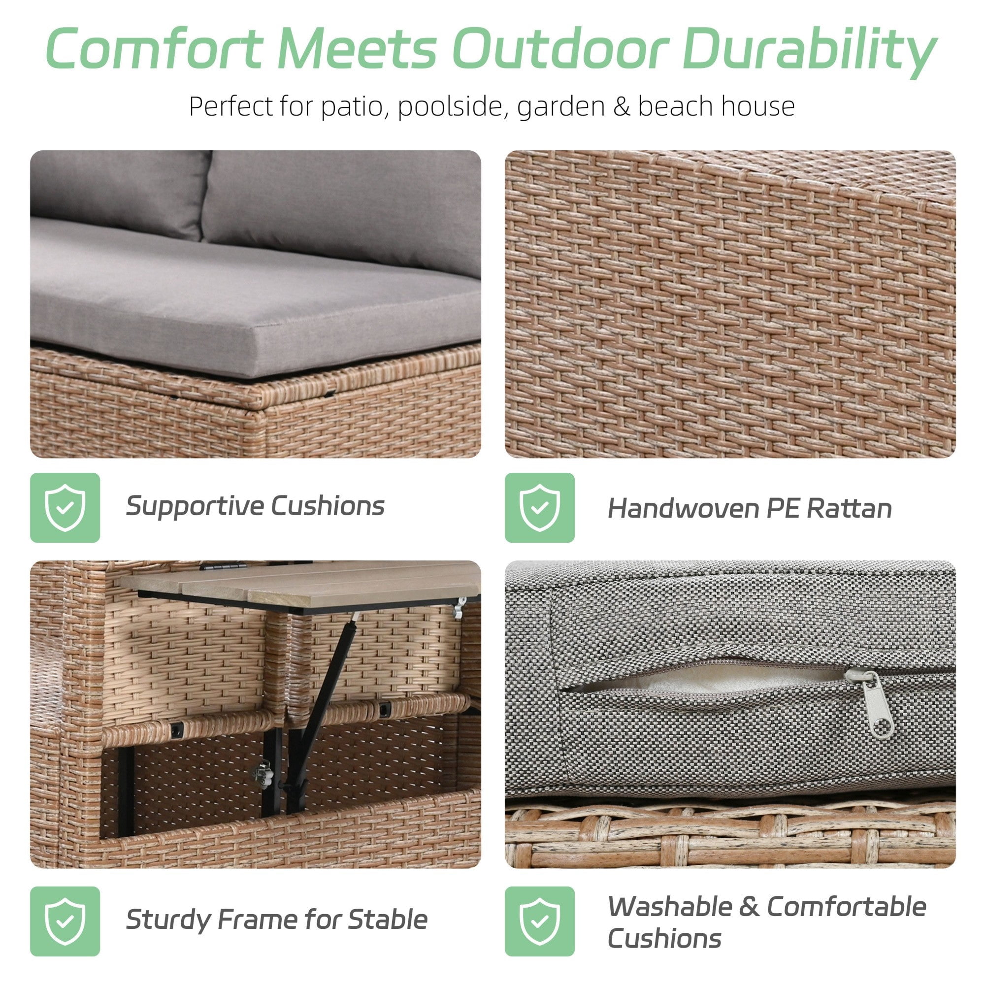 Sailvan 5-Piece Outdoor Patio Rattan Sofa Set - Sectional PE Wicker L-Shaped Garden Furniture with Dining Table & 2 Extendable Side Tables Brown