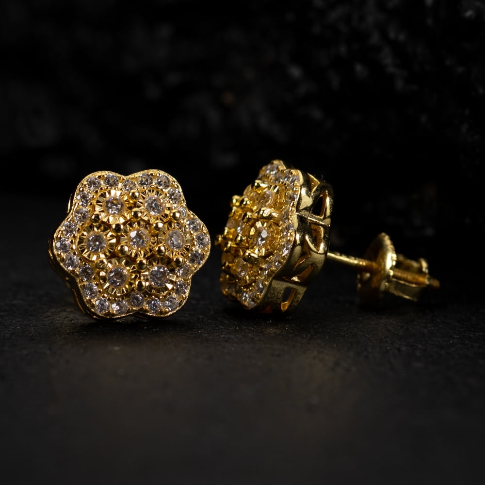 Hip Hop Big 14K Yellow Gold Plated 925 Sterling Silver Screw Back Post Large Iced CZ Round Flower Cluster Circle  Stud Earrings