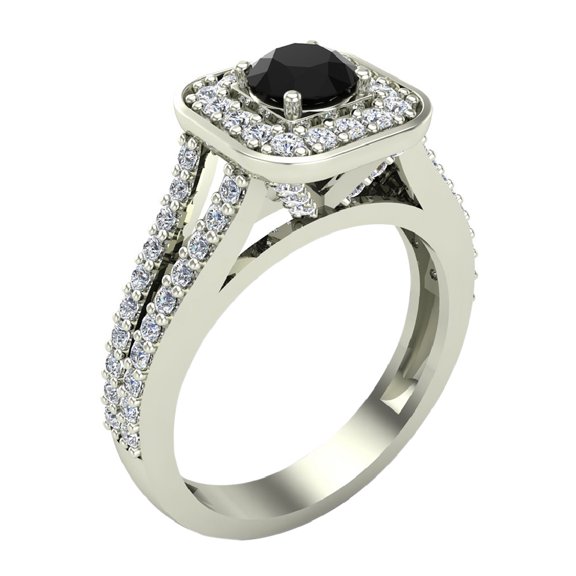 Black & White Diamond Cushion Halo Engagement Ring 14K White Gold 1.10 CT TW