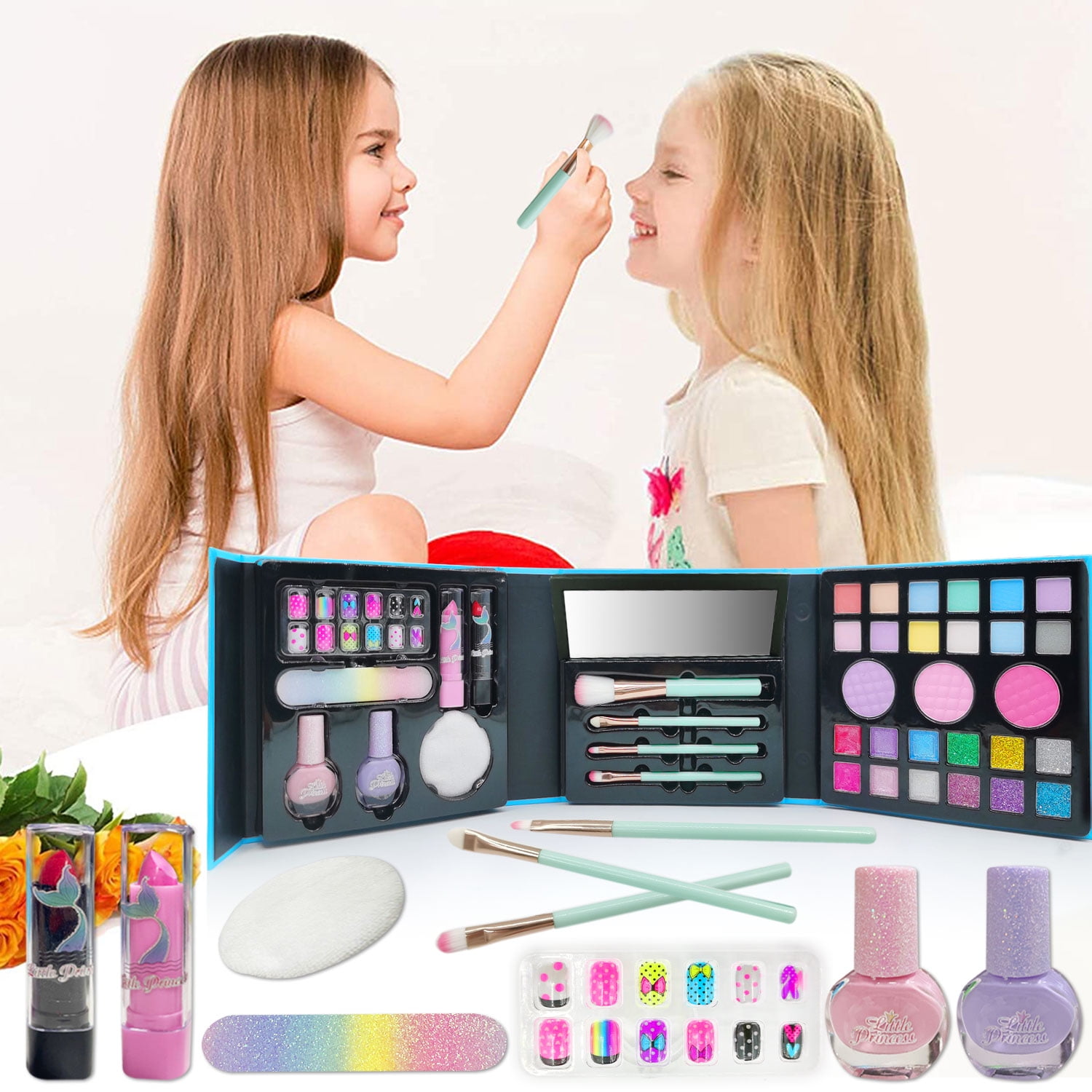 Versnel verschil lippen 38 Pcs Real Little Princess Makeup Set, Kids Real Washable Make Up Toy  Cosmetic Pretend Play Set with Brush Birthday Gifts for Girls , Non Toxic,  Blue - Walmart.com