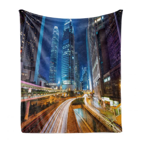 City Soft Flannel Fleece Blanket, Fast Moving Cars at Hong Kong Highways Modern Life Speed Traffic Nighttime in the City, Cozy Plush for Indoor and Outdoor Use, 60" x 80", Multicolor, by Ambesonne