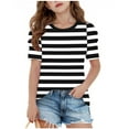 thumbnail image 3 of Umbreon Black Toddler Girls Summer T Shirts Striped Print Short Sleeve Top Kids Solid Color Puff Sleeve Cre W Neck Blouse 4-15 Years, 3 of 5