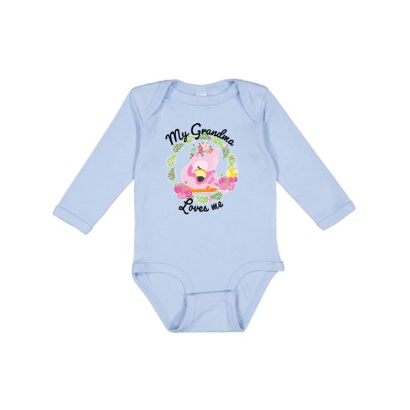 Inktastic Baby Flamingo My Grandma Loves Me with Flower Wreath Boys or Girls Long Sleeve Baby Bodysuit