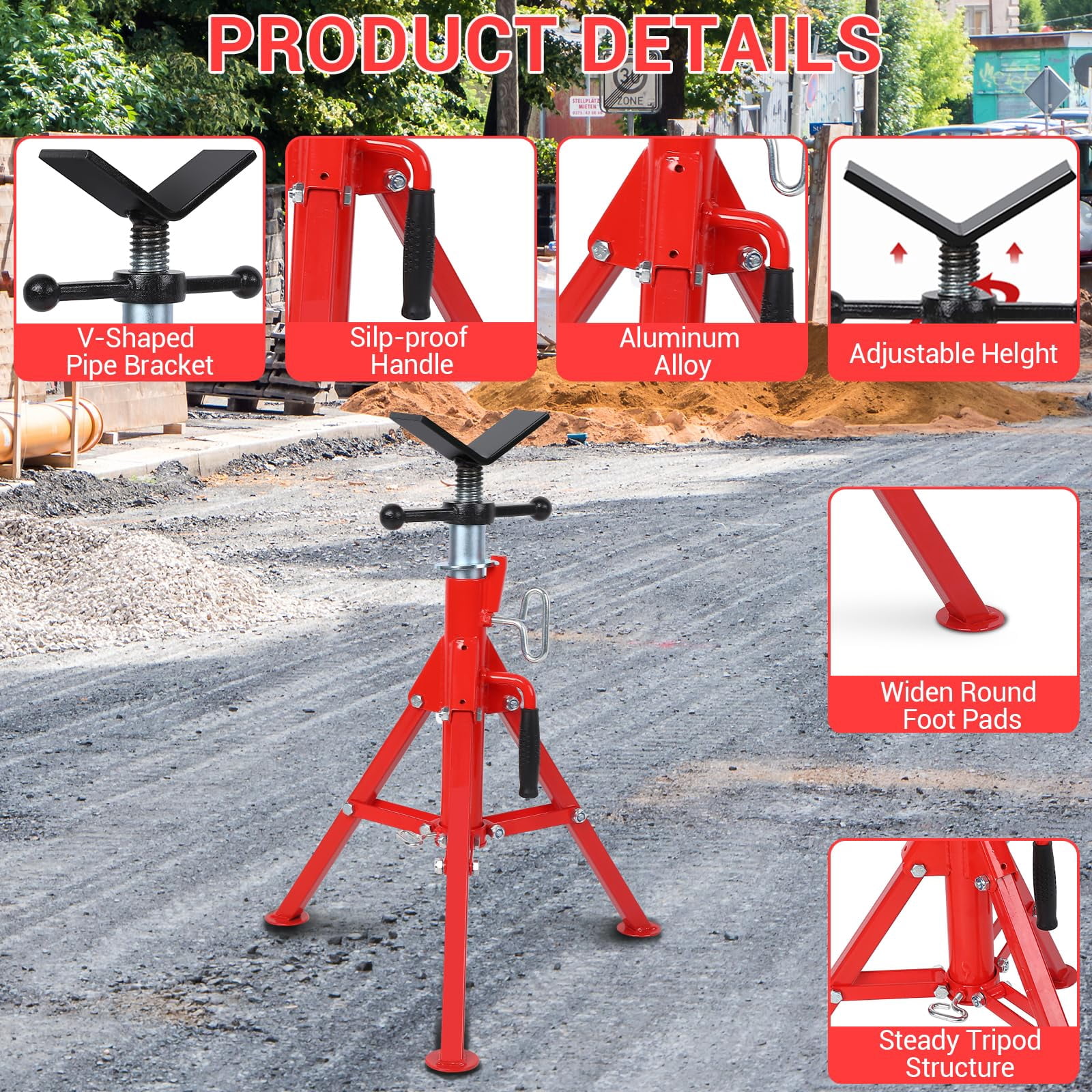 Heavy-Duty Pipe Stand, Adjustable Folding v-Head Pipe Jack Stand | 2500 Lbs Load Capacity |Suitable for 1/2“ to 12” Pipes 28“ to 52” | Ideal for Welding, Automotive, and Construction Projects