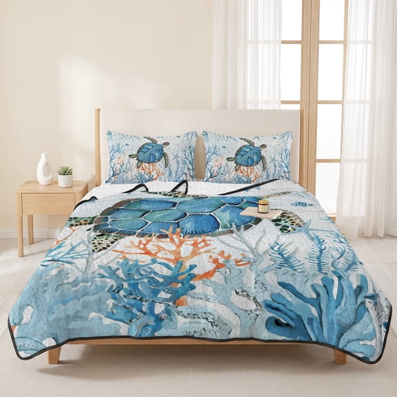 Queen Quilt Set, Sea Turtle Blue Coral Starfish Lightweight Quilt Sets Summer Comforter Coverlets with 2 Pillow Shams, Marine Breathable 3 Piece Bedding Set for All Seasons