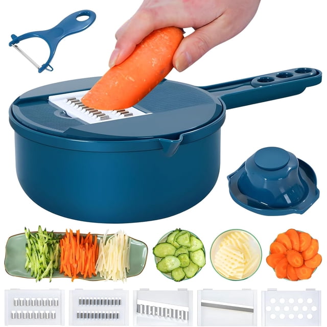 Mandolina Cortr de alimentos, cortr multifuncional de verduras con protector de mano, triturra de verduras para patata, tomate, zanahoria (azul-7 en 1)
