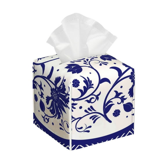 Kdxio Blue And White Porcelain Pattern Print Tissue Box Cover,Square Decorative PU Leather Facial Paper Case Organizer Holder Dispenser for Bathroom,Night Stands,Desk,Car 5.2''X5.2''X5.2''
