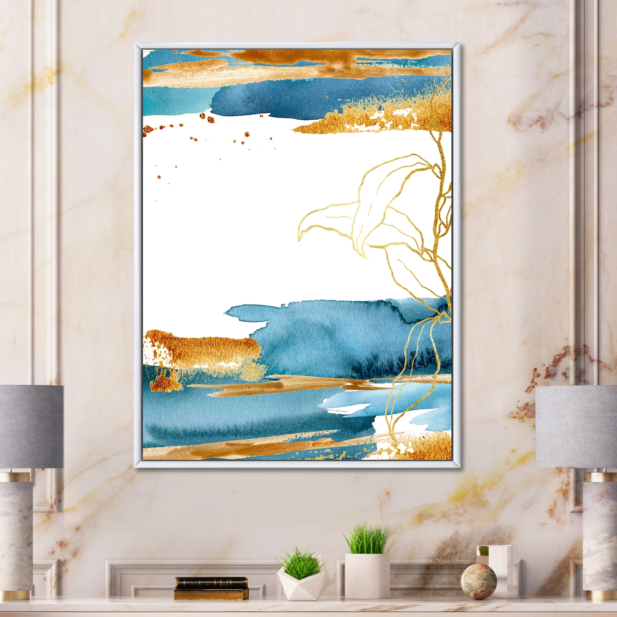 Abstract Golden Laminaria Branch & Leaves 30 in x 40 in Framed Painting Canvas Art Print, by Designart
