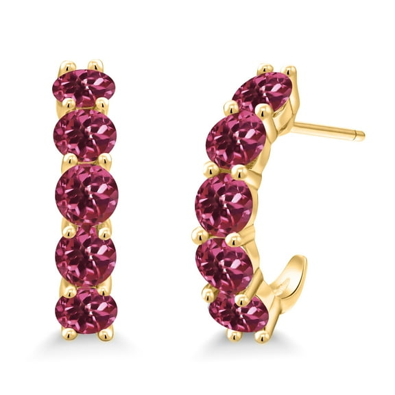 Gem Stone King 2.50 Ct Round Pink Tourmaline 18K Yellow Gold Plated Silver Open Earrings for Women