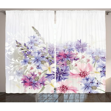 Ambesonne Lavender Curtains 2 Panel Set, Pink Purple Flowers, 108" x 90", Violet White Pink