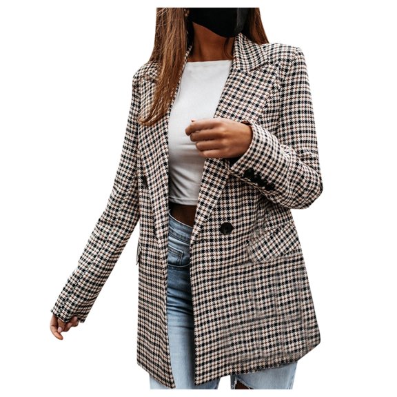 Yigetop Plaid Blazer For Women Women Vintage Button Down Fashion Lapel Collar Double Breasted Flap Detail Plaid Blazers Blazers For Women Trendy Black L