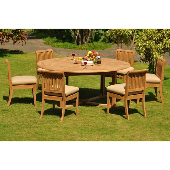 Teak Dining Set: 6 Seater 7 Pc: 72" Round Table And 6 Giva Armless Chairs Outdoor Patio Grade-A Teak Wood WholesaleTeak #WMDSGV27