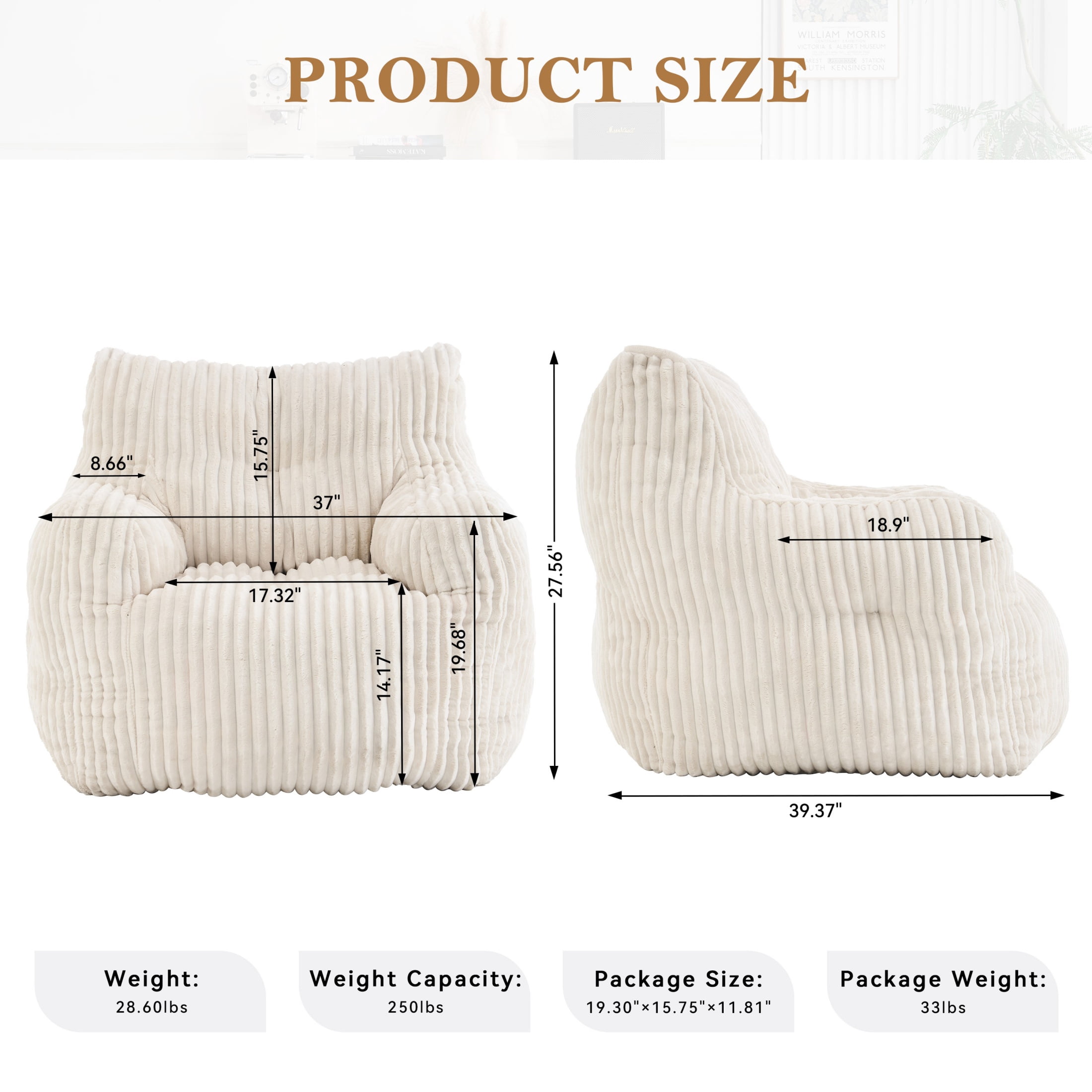 ShiKeyi Bean Bag Chair, Comfy Memory Foam Lazy Sofa for Adults and Teens, Premium Cozy Floor Chair Lounger for Living Room, Bedroom and Dorm, Corduroy-Beige