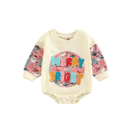 

Xingqing 0-24M Christmas Infant Baby Boy Girl Romper Letter Printed Long Sleeve Patchwork Jumpsuits Beige 12-18 Months