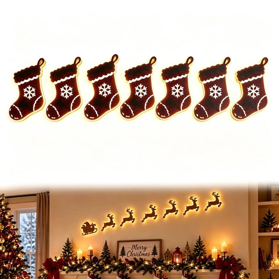 Christmas Wooden Hanging Ornaments Christmas Stocking Set, Rustic Holiday Tree Decorations for Mantel, Fireplace, Garland and Christmas Decor, 17*8.4cm (8pc), Xmas Ornaments, Holiday Gifts