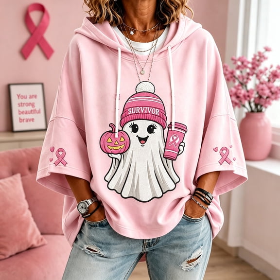 Vxararl Women 3/4 Sleeve Casual Hoodie Pullover, Breast Cancer Awareness In October We Wear Pink Halloween Ghost Graphic Top