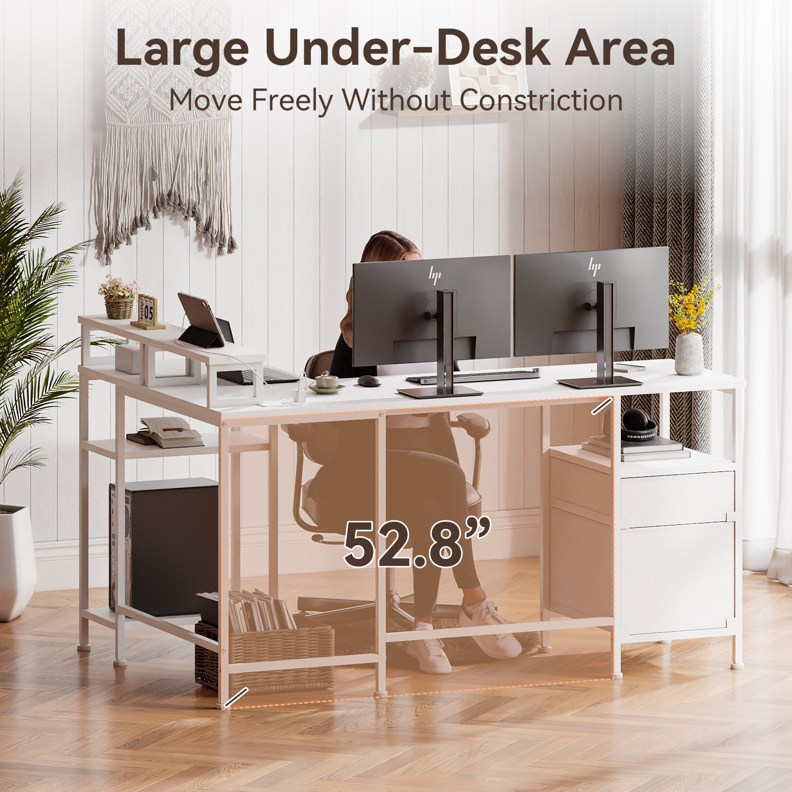 Satifur 59-Inch L-Shaped Computer Desk with Power Outlets, White photo 3