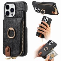 Decase for iPhone 14 Zipper Wallet Casa,with Credit Card Holder,Built-in Ring Stand,RFID Blocking Design,Rugged Shockproof PU Leather Protective Case,Support Magnetic Car Mount,Black