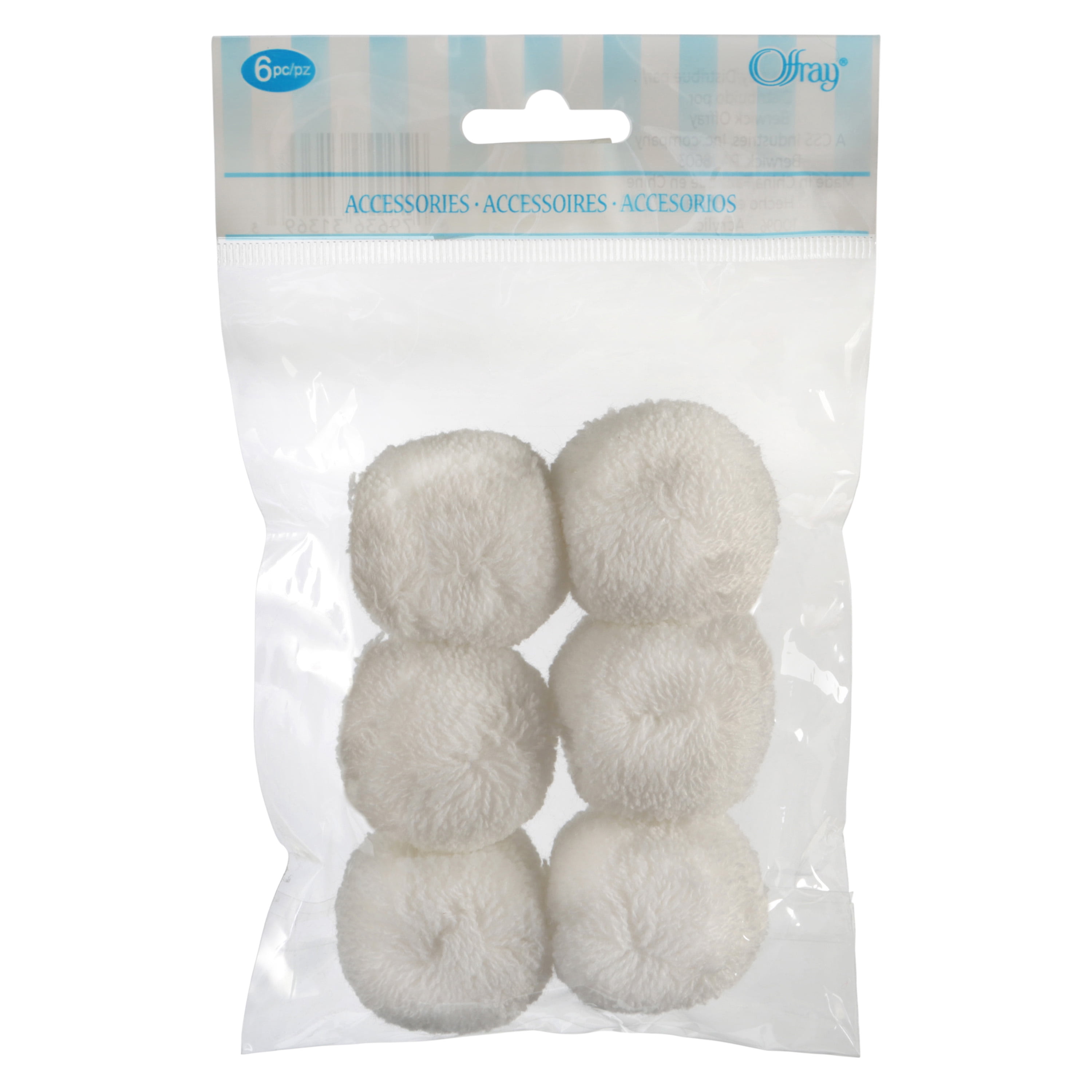 Offray White 1 1/2" Acrylic Yarn Pom Poms Ebellishments, 6 Count, 1 Package