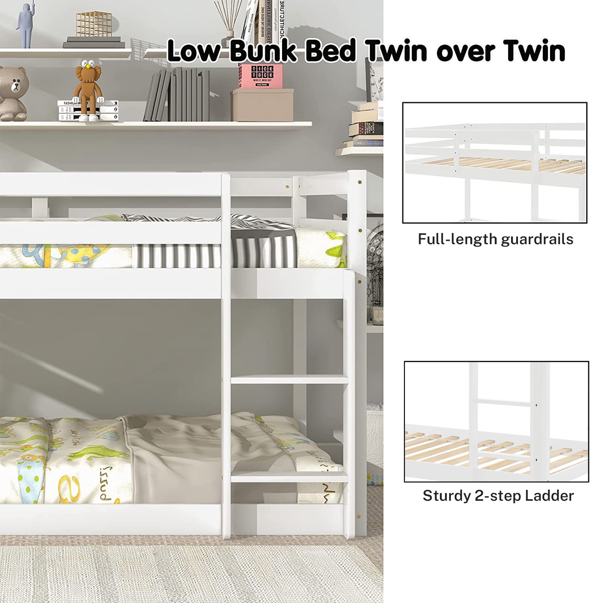 PORKISS Bunk Bed Twin Over Twin, Low Floor Bunk Bed for Kids with Guard Rails for Dorm, Small Space, No Box Spring Needed, White
