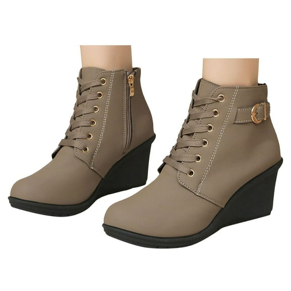 Chenyee Ankle Boots for Women Low Heel Wedge Comfortable Lace Up Suede Short Booties with Side Zipper