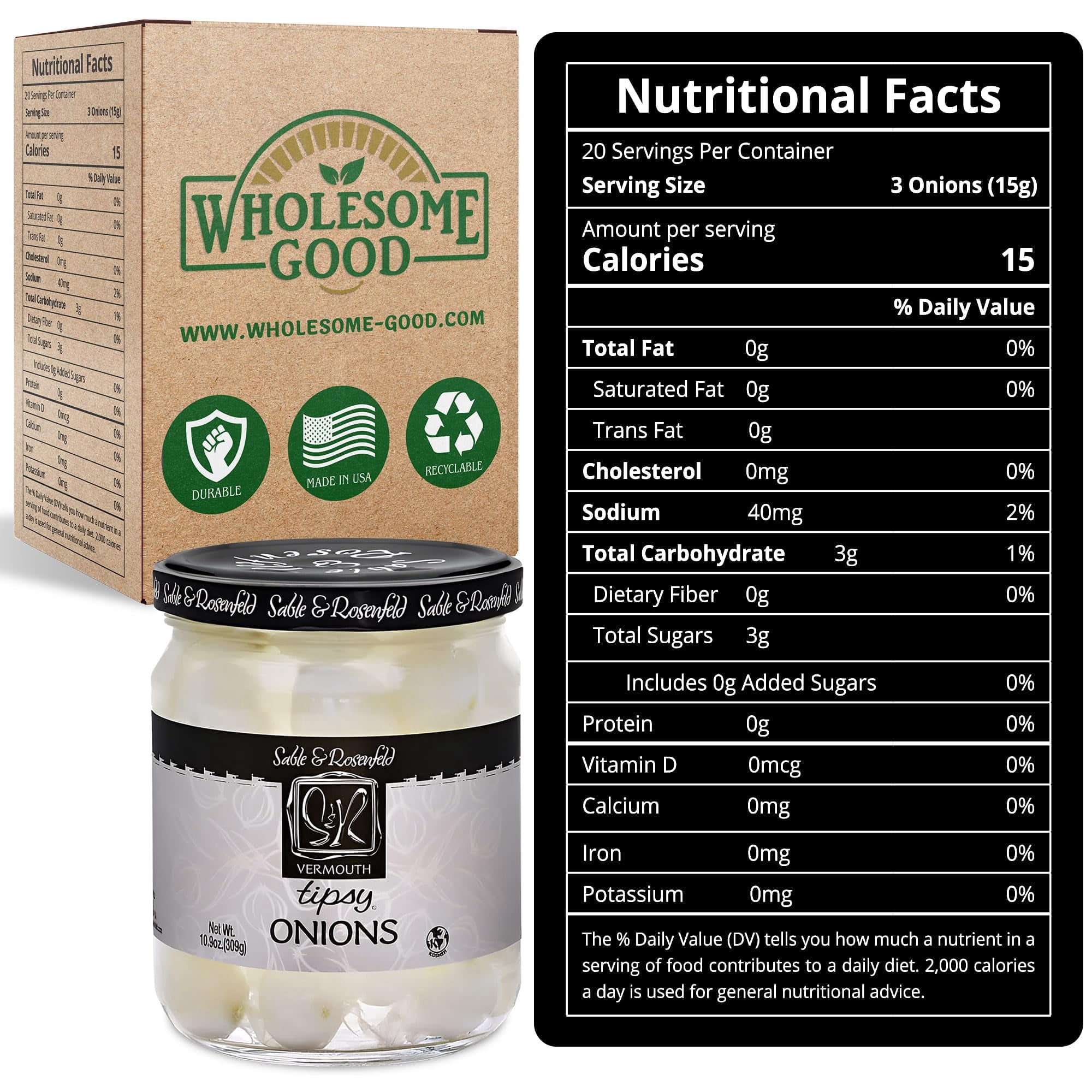 Tipsy Cocktail Onions in Jar with KKS1&nbsp;French Vermouth - Pickled Silverskin Onions for Cocktails, Appetizers, and Hors d'Oeuvres, Kosher Parve - Sable & Rosenfeld - 10.9 oz - Pack of 2
