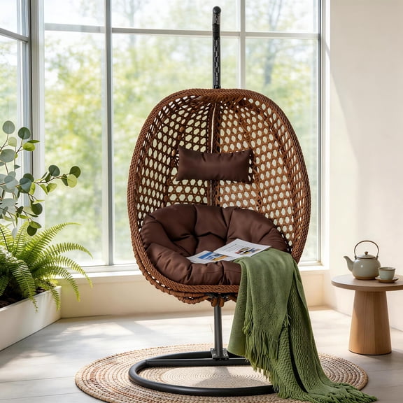 TesNus Brown Rattan Egg Swing Chair with Stand, Foldable Basket Chair with Cushion and Pillow for Indoor Outdoor Patio Balcony Backyard