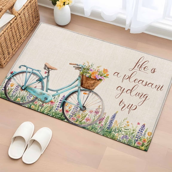 Spring Entryway Rug 2'x3' Non Slip Front Door Mats, Country Bicycle Botanical Blossom Wild Flowers Entrance Rugs Indoor Outdoor Carpet, Washable Floor Mats Small Area Rug for Bedroom Kitchen
