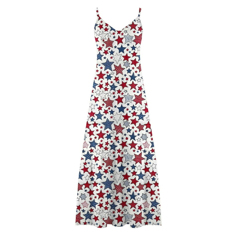 Cflvaek 4th of July Dress Women Plus Size Sleeveless V Neck Sundress Novelty Stars and Striped Print Patriotic A Line Dress Loose Fit Spaghetti Straps