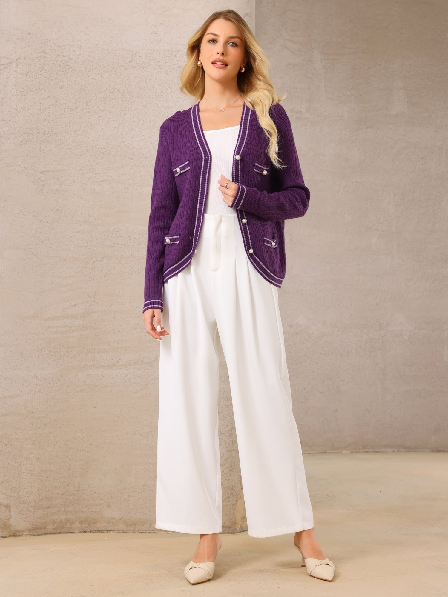 DARING DIVA Women's Contrast Trim Knit Ribbed Cardigan Sweater M Purple