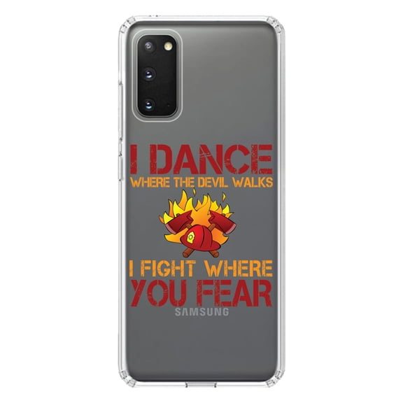 DistinctInk Clear Shockproof Hybrid Case for Galaxy S20 ULTRA / 5G (6.9" Screen) - TPU Bumper Acrylic Back Tempered Glass Screen Protector - Firefighter - I Dance Where the Devil Walks