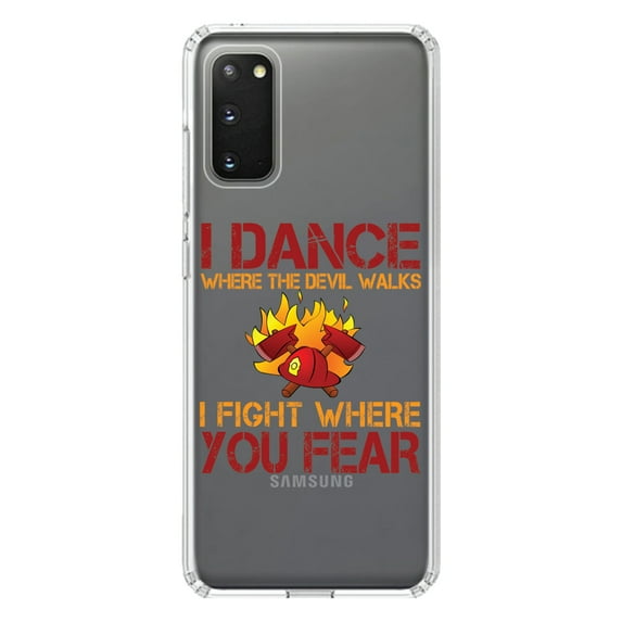 DistinctInk Clear Shockproof Hybrid Case for Galaxy S20 ULTRA / 5G (6.9" Screen) - TPU Bumper Acrylic Back Tempered Glass Screen Protector - Firefighter - I Dance Where the Devil Walks