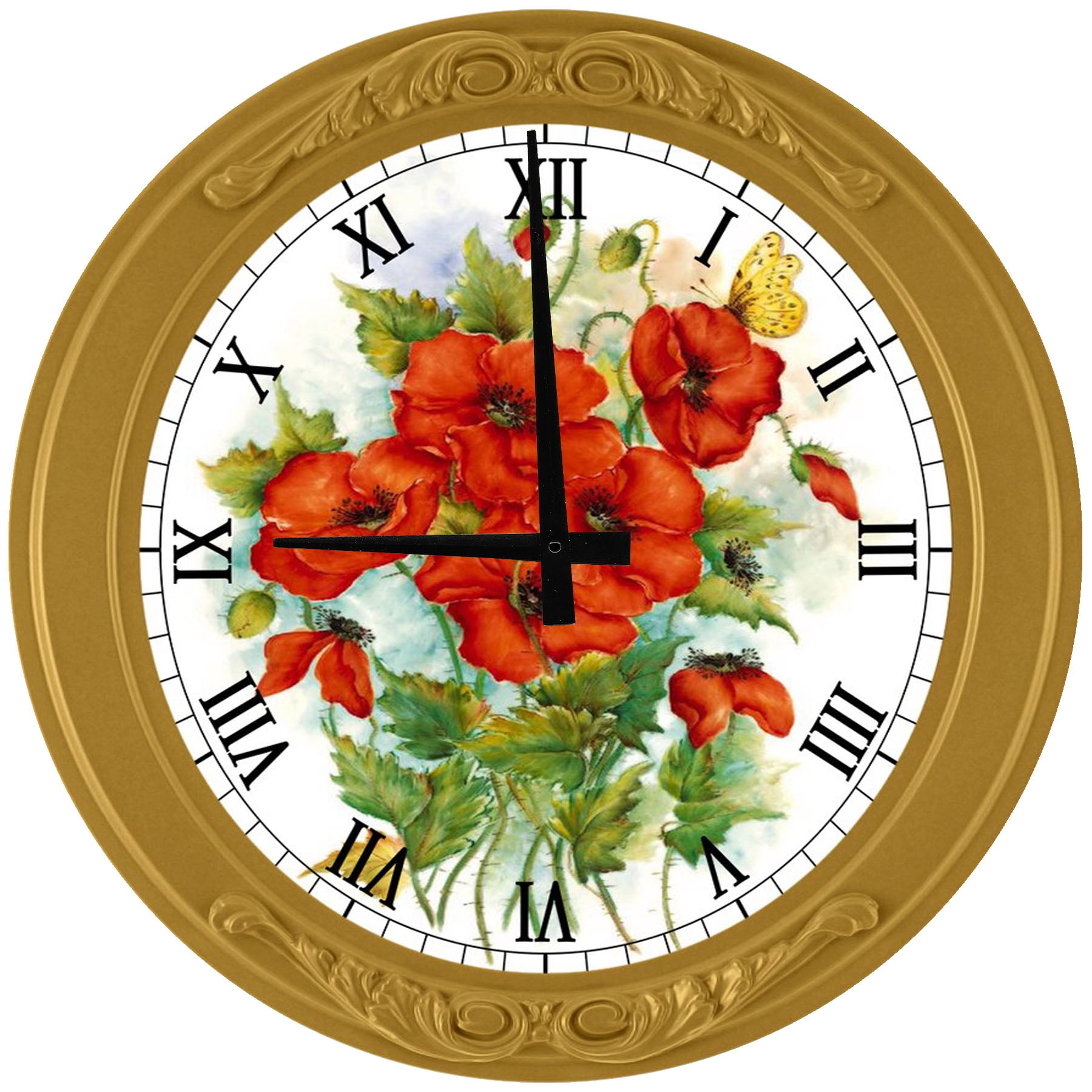 Wood Wall Clock 18 Inch Round Red Flower Bouquet Round Small Battery