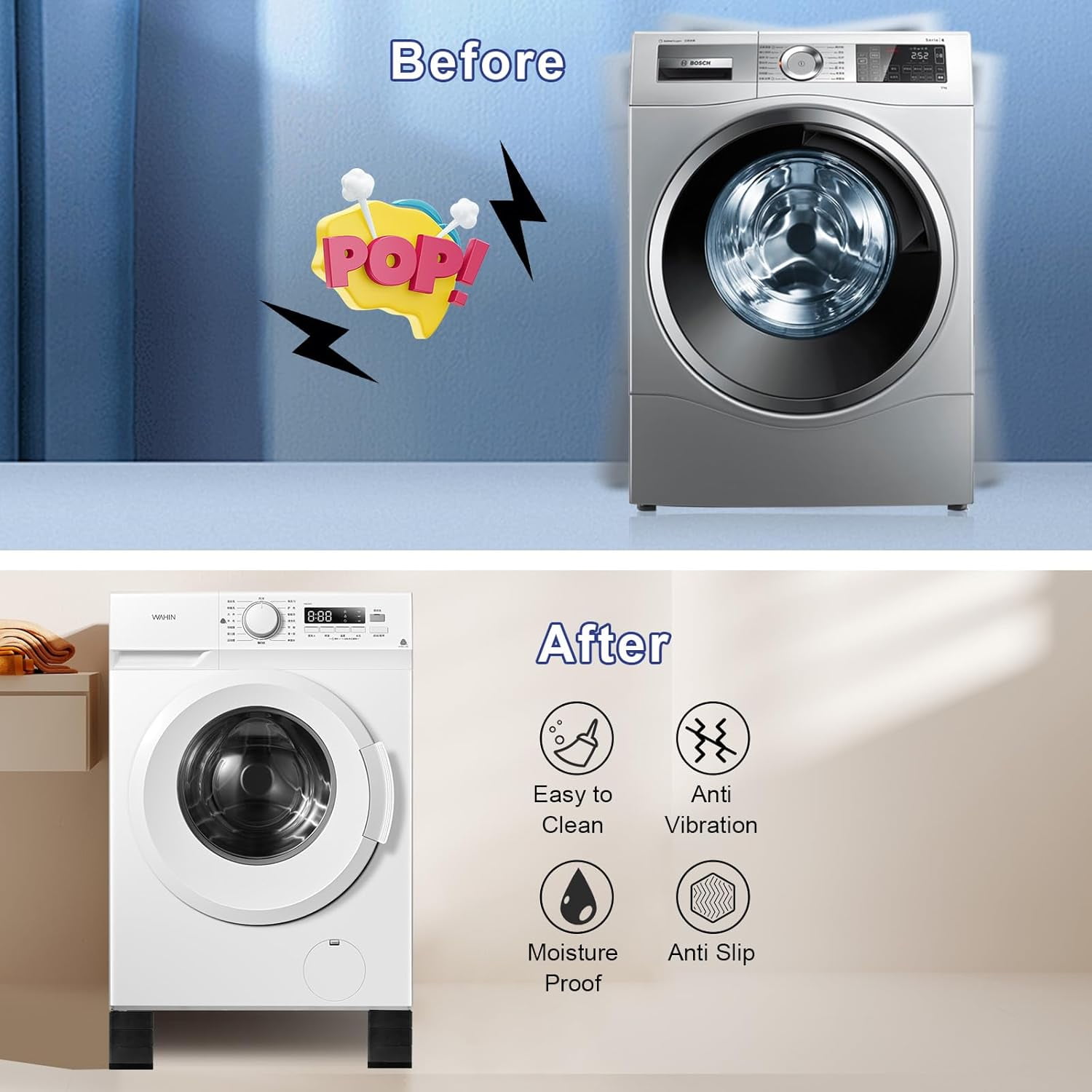 4Pcs Anti Vibration Pads for Washing Machine, Stops Washer Dryer Moving, Prevents Noise, Vibration Transfer, Antivibration Stabilizer Support Feet (Increase4.5in)