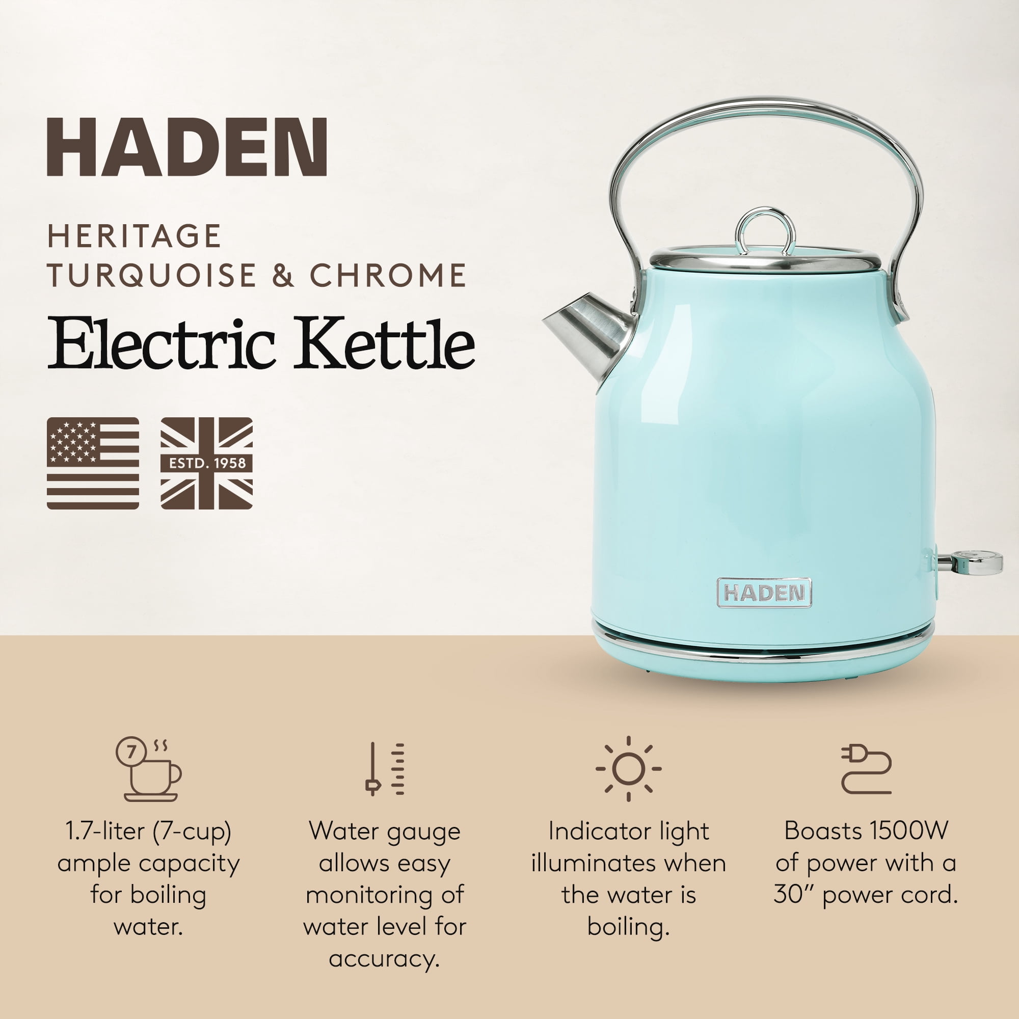 Haden Heritage 1.7 Liter Stainless Steel Electric Tea Kettle, Turquoise - 75004