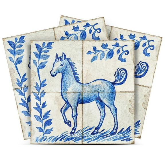 Mi Alma Horse Blue Tile Stickers - Removable Vinyl 4x4, 24 pcs