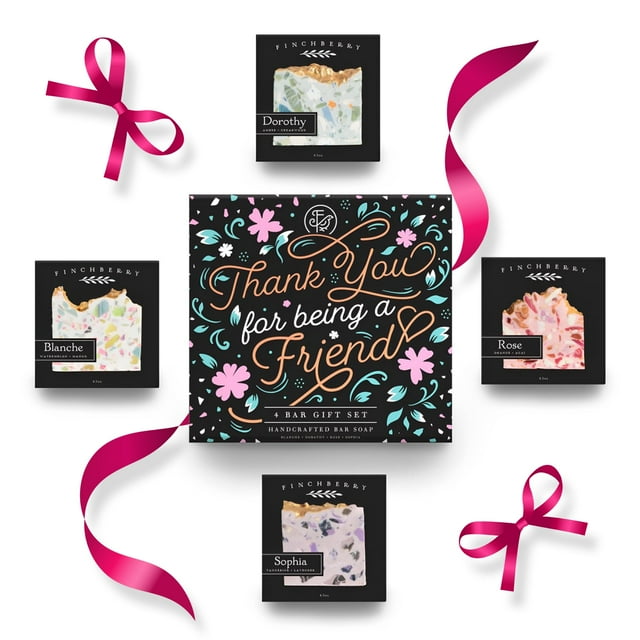 FinchBerry Set de regalo de agradecimiento por ser un amigo - Mejores amigos y regalos de amistad para mujeres y hombres - Incluye 4 jabones en barra naturales hechos a mano (4,5 oz cada uno)