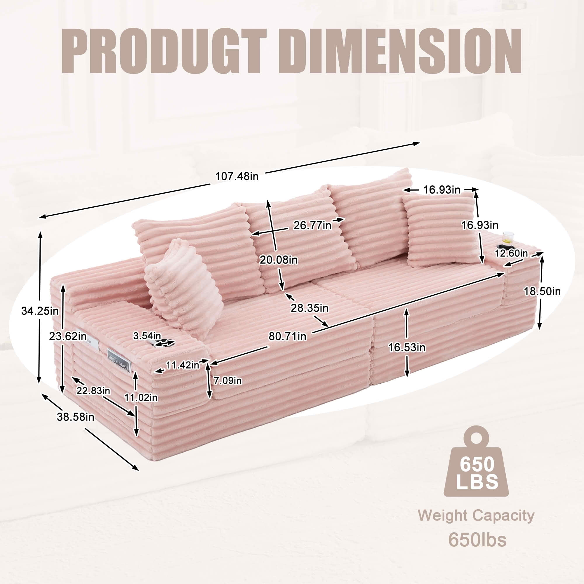 MAYEERTY 4-Seater Boneless Cloud Sofa Bed, Breathable Corduroy Upholstered Couch with Pillows, Cup Holders & Side Pockets, No Assembly for Home Small Spaces