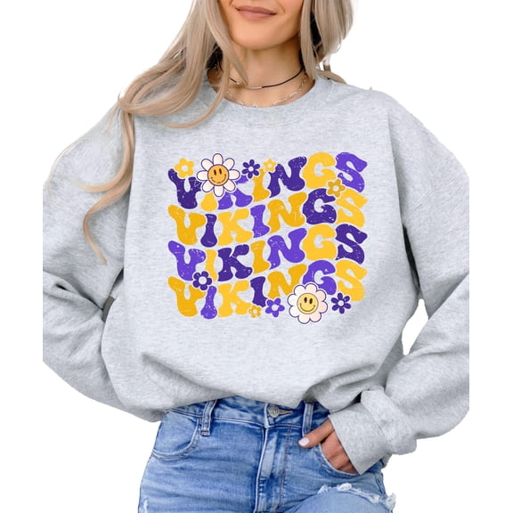 Olive Loves Apple Vikings Team Sweatshirt for Women, Teens & Kids Floral Groovy Sports Team Sweater Gray Sweatshirt Adult Medium