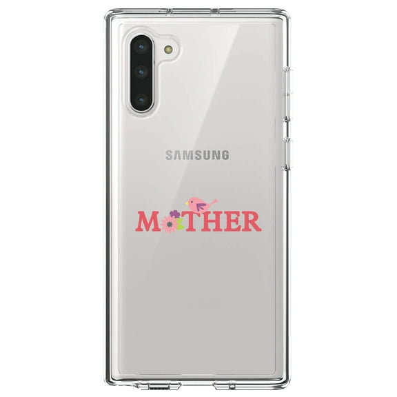 DistinctInk Clear Shockproof Hybrid Case for Samsung Galaxy Note 10 (6.3" Screen) - TPU Bumper Acrylic Back Tempered Glass Screen Protector - Mother - Pink Bird & Flowers