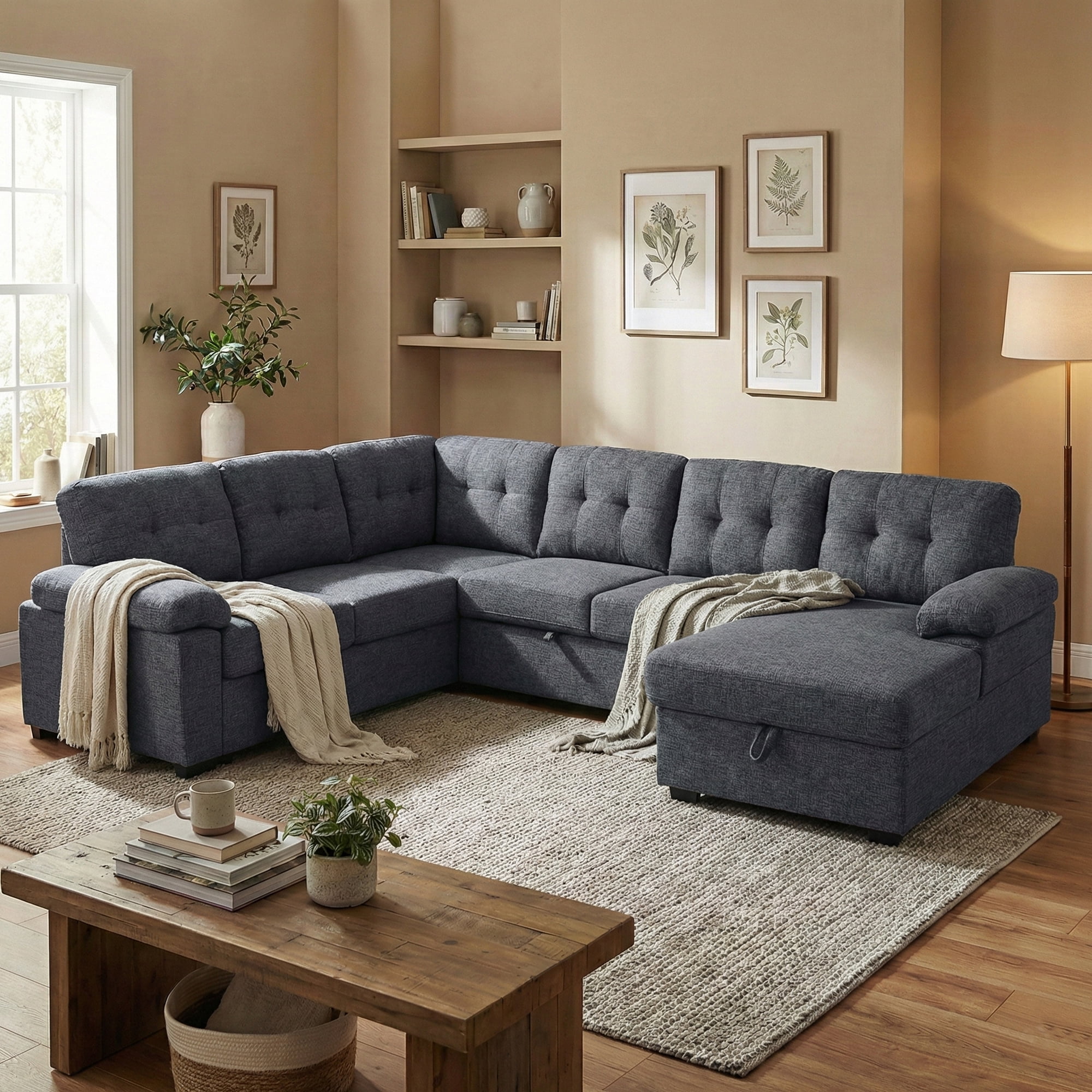 AENKYO U-Shaped Sectional Sleeper Sofa with Pull Out Bed, Linen Modular Couch with Storage for Living Room, Gray