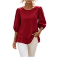 thumbnail image 6 of Warop Womens 3/4 Sleeve Tops Solid Ruffle Flowy Crew Neck Blouses Dressy Casual Loose Work Outfits with Pockets, 6 of 8