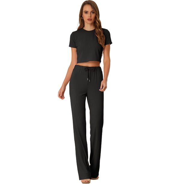 Conjunto de salón de dos piezas Allegra K ajustado acanalado Top corto de punto pantalón de pierna ancha holgado Negro XS